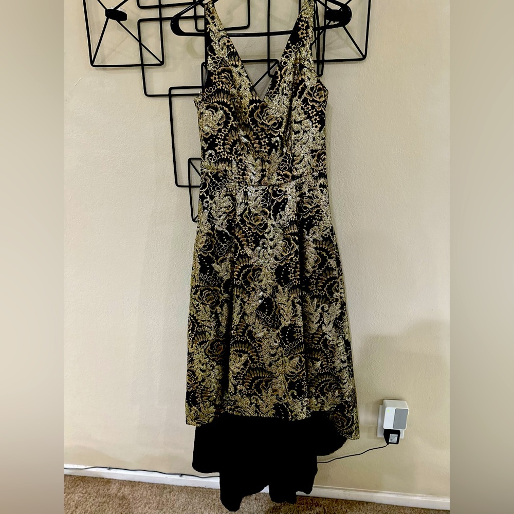 Black and gold sequin Calvin Klein High Low formal dress